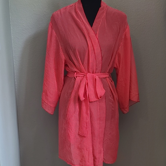 Murano Red Checkered Long Sleeve Short Lingerie Lounge Robe - Picture 1 of 11